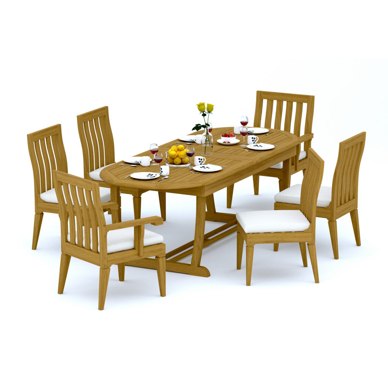 8 Seats 9 Pcs Grade-A Teak Wood Dining Set: 94" Mas Oval Trestle Leg Table And 8 Caranas Chairs (2 Arm & 6 Armless Chairs) #11Ca2302