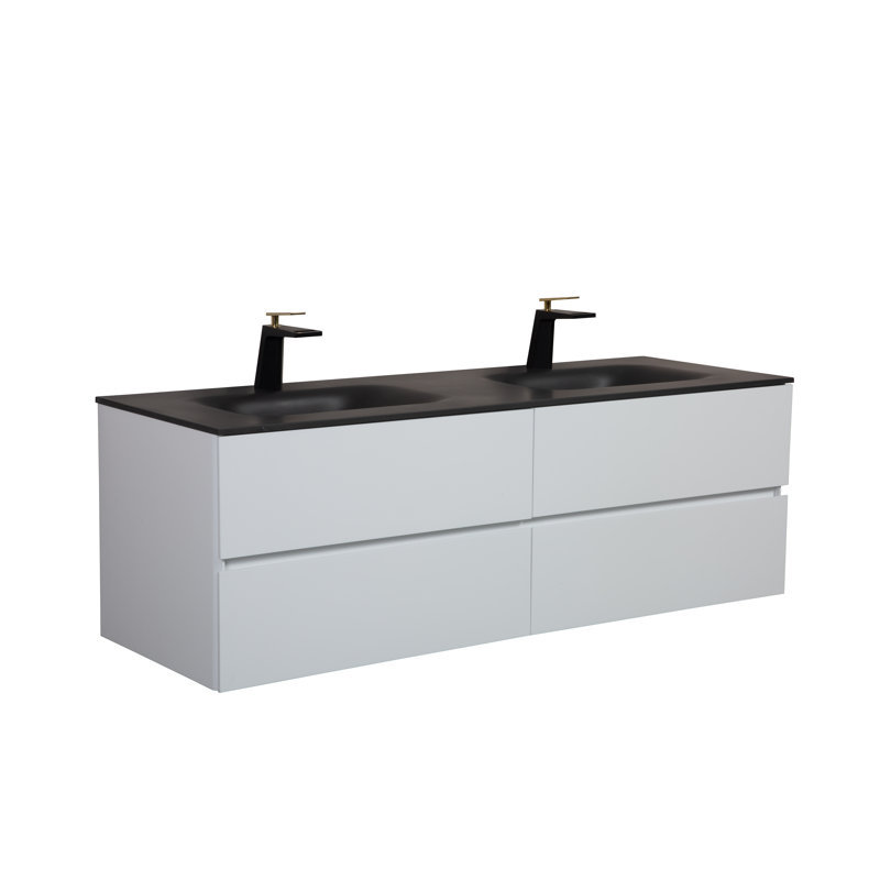 Meuble-lavabo double 60 po avec tiroirs Megsed R, Blanc très luisant, Noir