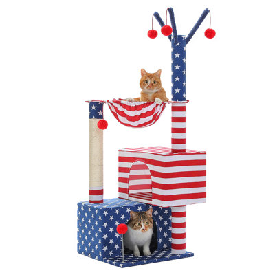 Arbre à chat drapeau américain pour chatons et chats âgés, tour de chat stable en coin de 45 po pour chat, étoile et rayures pour petits espaces avec 2 condos, hamac et griffoirs renforcés