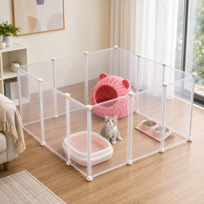Transparent Pet Playpen with Door – 12-Panel DIY Plastic Enclosure for Small Pets, Customizable Indoor/Outdoor Cage with Connectors & Non-Slip Feet (13.8" / 19.7" Panel Height, White)