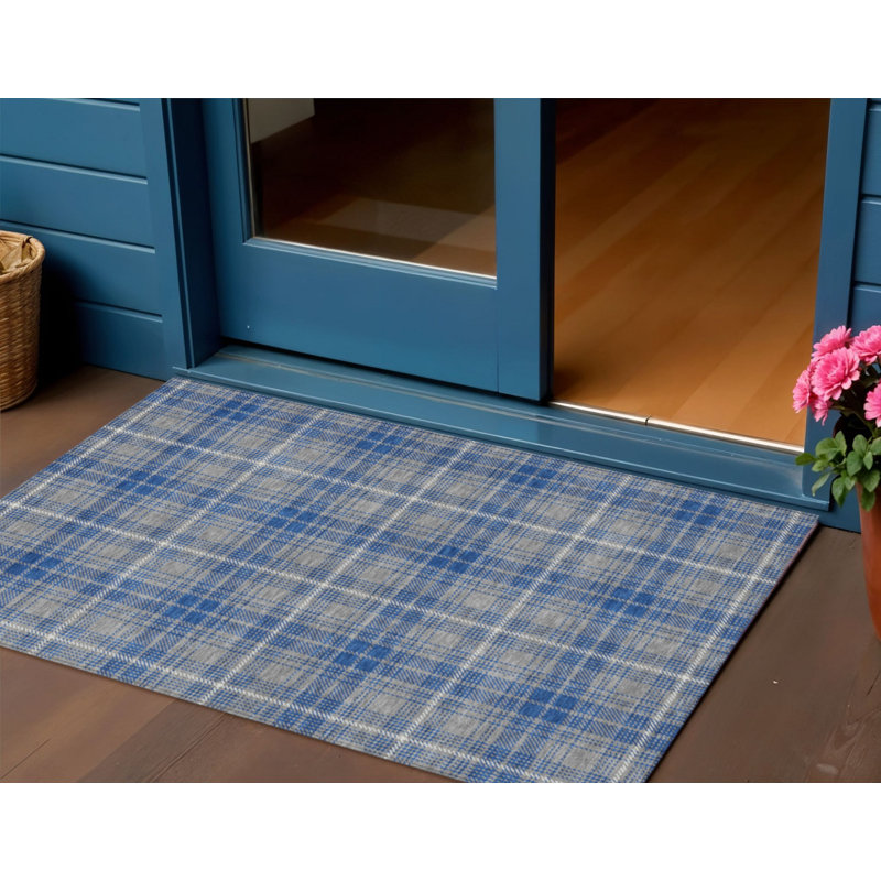 3' X 5' Gray Blue And Ivory Plaid Washable Indoor Outdoor Area Rug