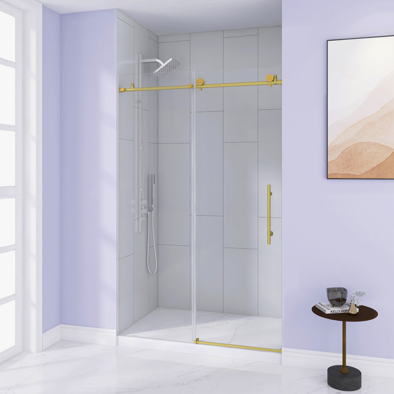 44-48 "W X 76" H Frameless Shower Door , 1/4 "(6 Mm) Clear Tempered Glass, Explosion Proof Film, Stainless Steel Handle, Brushed Gold