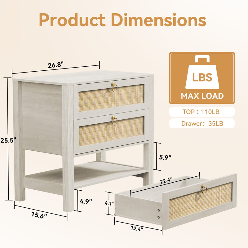 Rattan Nightstand with 2 Drawers, 1 Open Storage Shelf, White Cream Oak