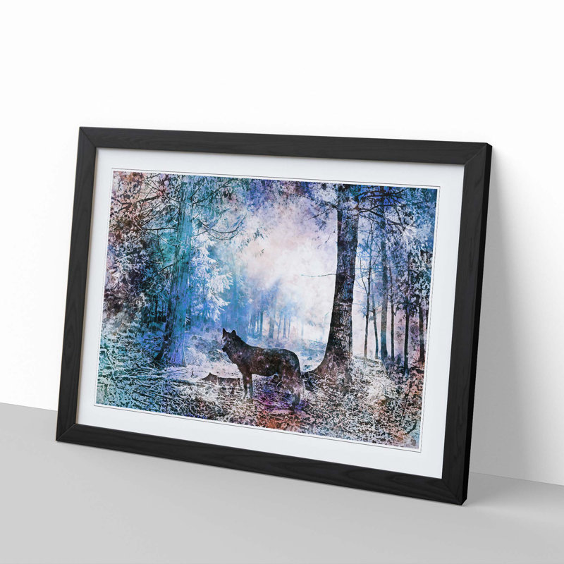 Wolf in a Magical Forest in Abstract - Picture Frame Painting Print, 40cm H x 60cm W x 2cm D, Black