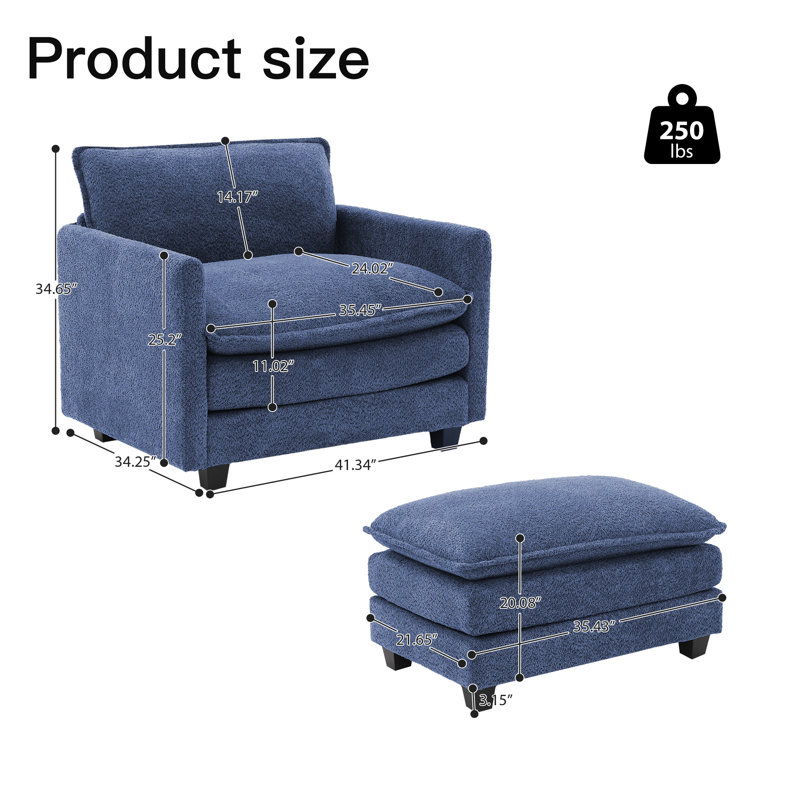 Fauteuil d'appoint rembourré avec repose-pieds Redenius Boucle, Mélange de polyester bleu marine