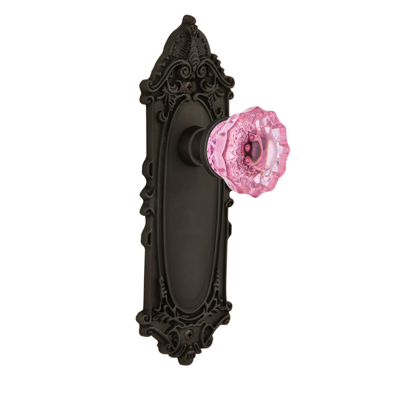 Plaque victorienne avec bouton de porte rose cristal, Bronze frotté à l'huile, 2 3/8