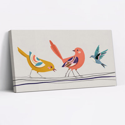 Three Colorful Birds Perched on Wire Canvas Wall Art