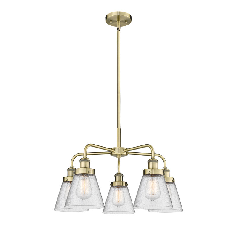 Cone 5 Light Stem Hung Chandelier, Antique Brass, Seedy