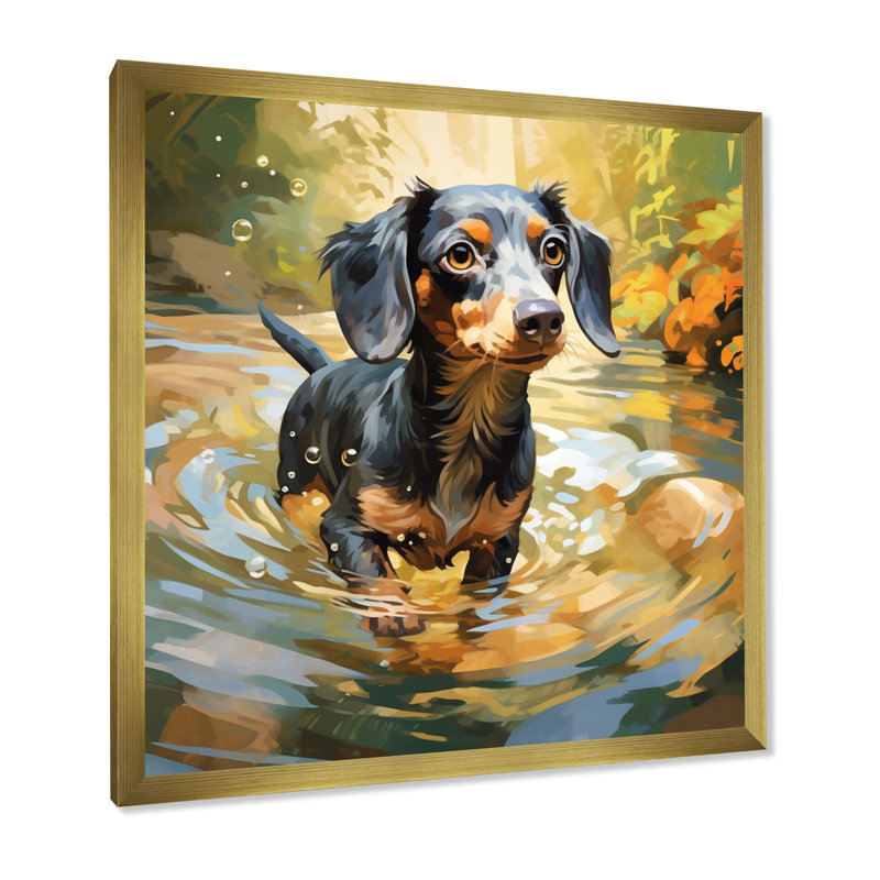 Mignon teckel jouant dans la rivière I sur toile, H 24 po x l 24 po x P 1 po, Cadre doré à une seule photo