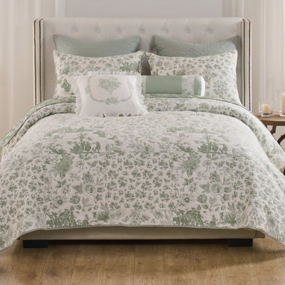 Greenland Home Fashions Toile Patch Sage 3-Piece Reversible Coverlet Set