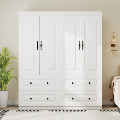4-Door Armoire Wardrobe Closet with 4 drawers and Hanging Rod White