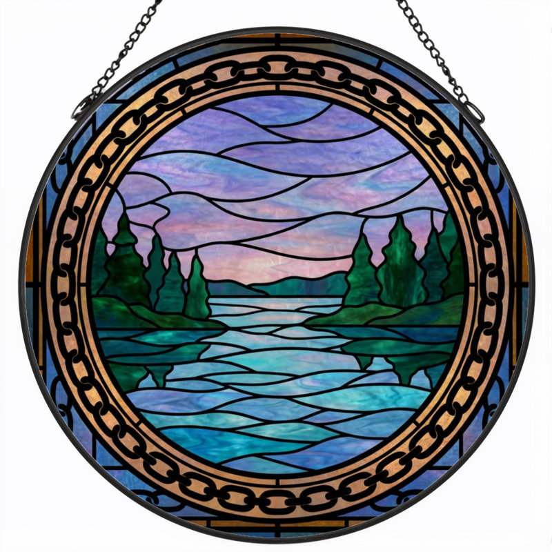 7.8"H Lake Scene Stained Glass Window Panel