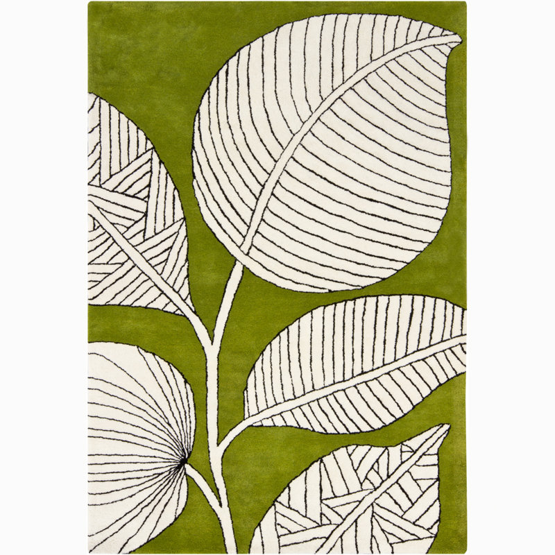 Tapis floral abstrait en laine tissé à la main noir, ivoire et vert Medford, Rectangle 5 pi x 7 pi 5 po