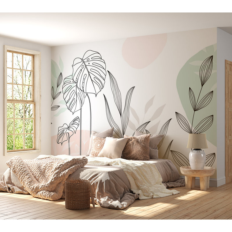 Murale botanique pelez et collez - Feuilles dans des tons pastels, L 124 po x l 173 po