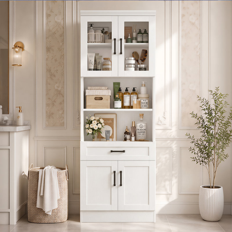 79.7'' H Bathroom Cabinet With Drawer, Wood Storage Bathroom Cabinet With Adjustable Shelves and Doors, RETRO WHITE