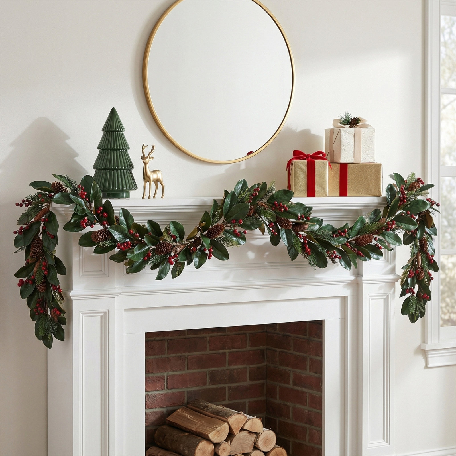 CHRISTMAS MAGNOLIA WITH BERRY CONE GARLAND