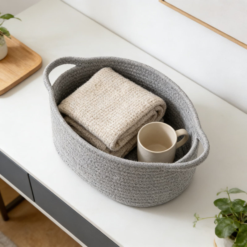Handwoven Cotton Storage Basket With Reinforced Handles, Collapsible Decorative Organizer For Nursery, Home, And Gift Giving