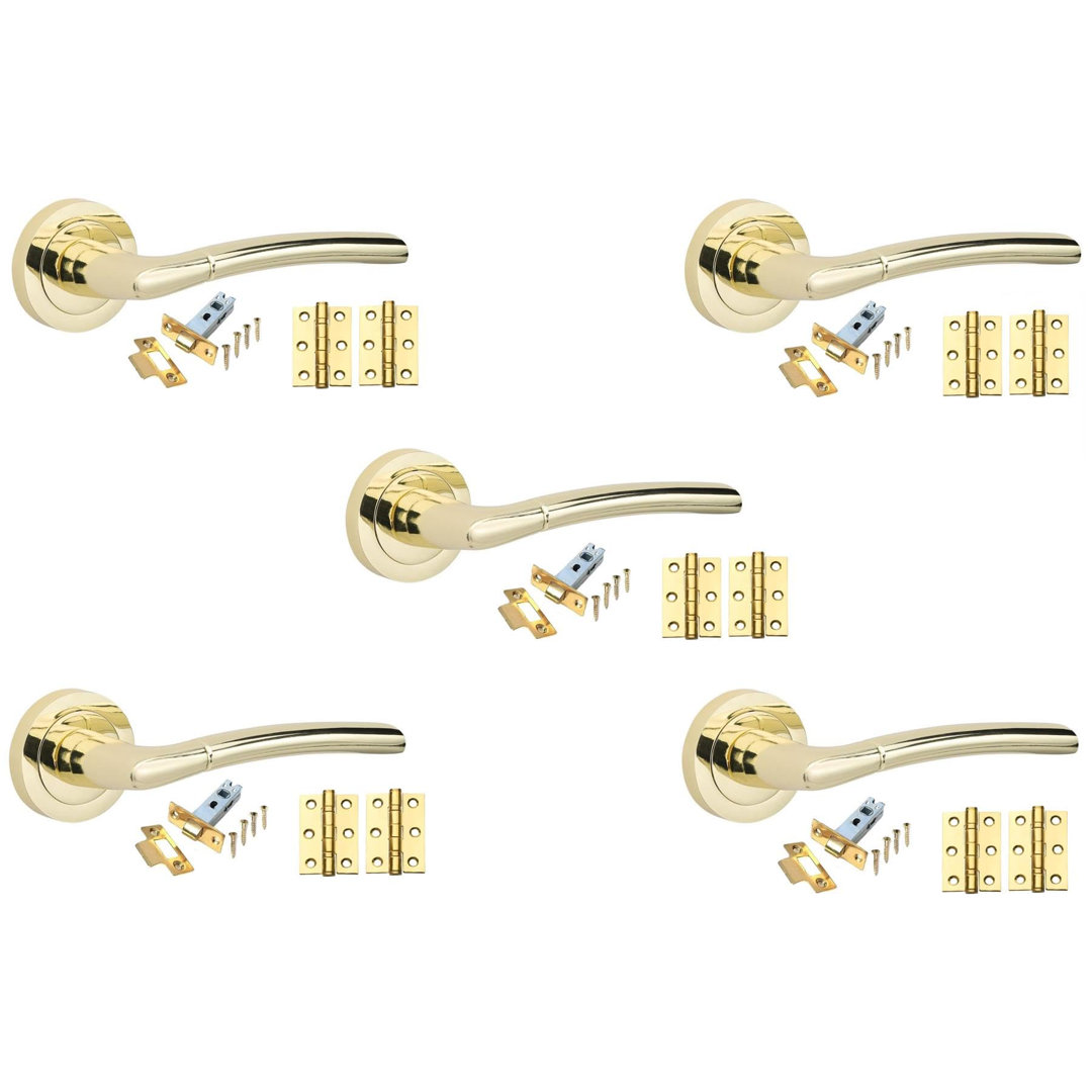 Golden Grace 5 Sets Indiana Design Door Handles in Polished Brass Finish with Tubular Latch and 1 Pair of 3" Ball Bearing Hinges