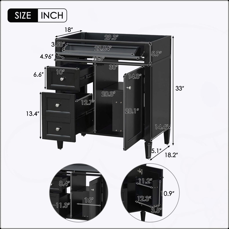 Meuble-lavabo moderne de 30 po avec 2 tiroirs, un tiroir basculant et une tablette réglable pour un rangement efficace, Noir