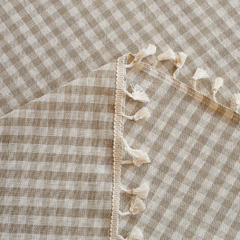 2pcs Brown Curtains Cotton Linen Plaids Semi Blackout Bohemian Farmhouse Window Treatment Grids Drape Tassels, 59" W x 63" L