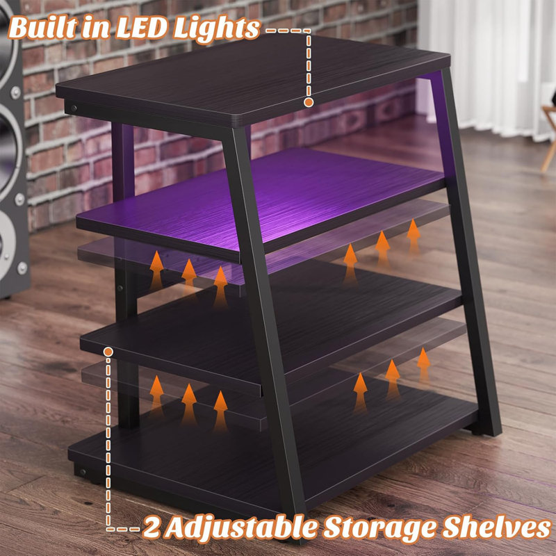 AV Media Stand With Outlets, Media Console With LED Lights, Stereo Racks And Stands With Storage Shelves, Media Audio Tower Cabinet