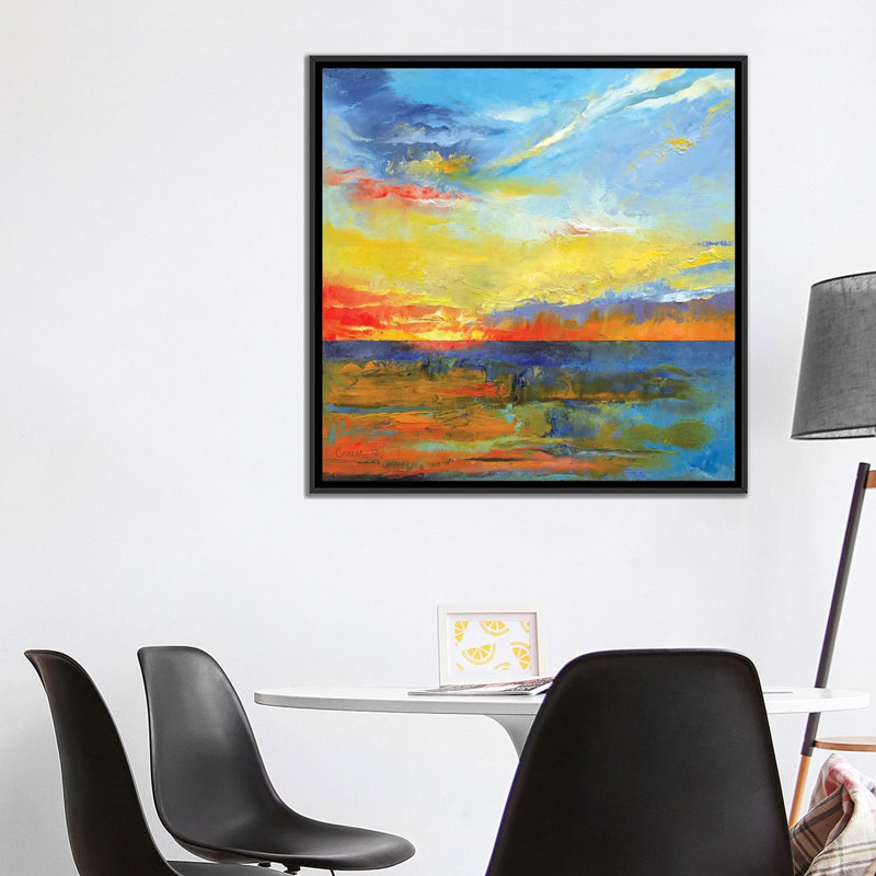 «Turquoise Blue Sunset», reproduction d'art sur toile, H 37 po x l 37 po x P 1,5 po, Toile avec cadre noir, Pas de tapis