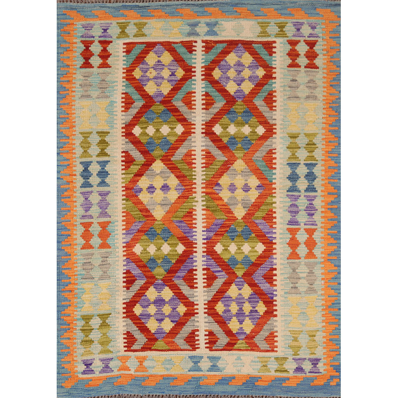 Geometric Kilim Reversible Wool Rug 4x6