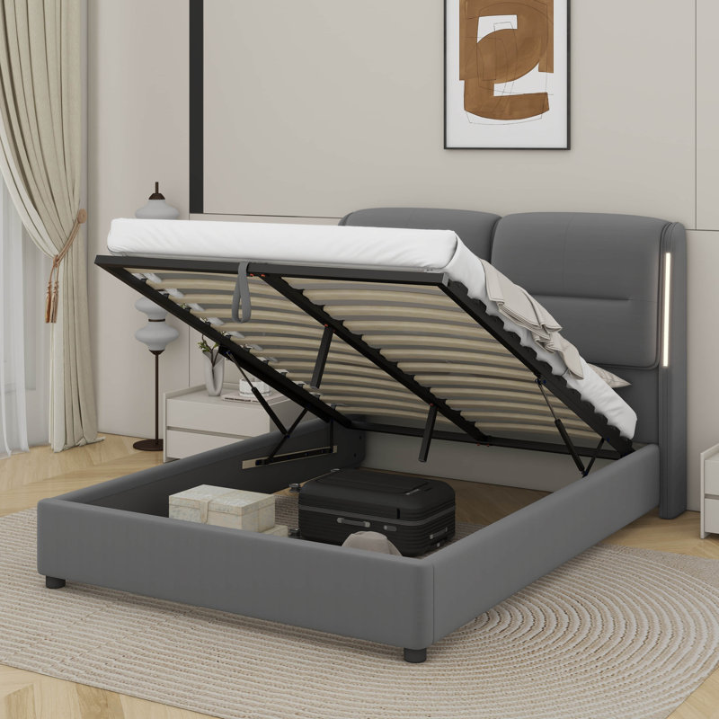 Queen Size Upholstered Hydraulic Platform Bed With Lift Up Storage And Sensor LED Lights, Grey