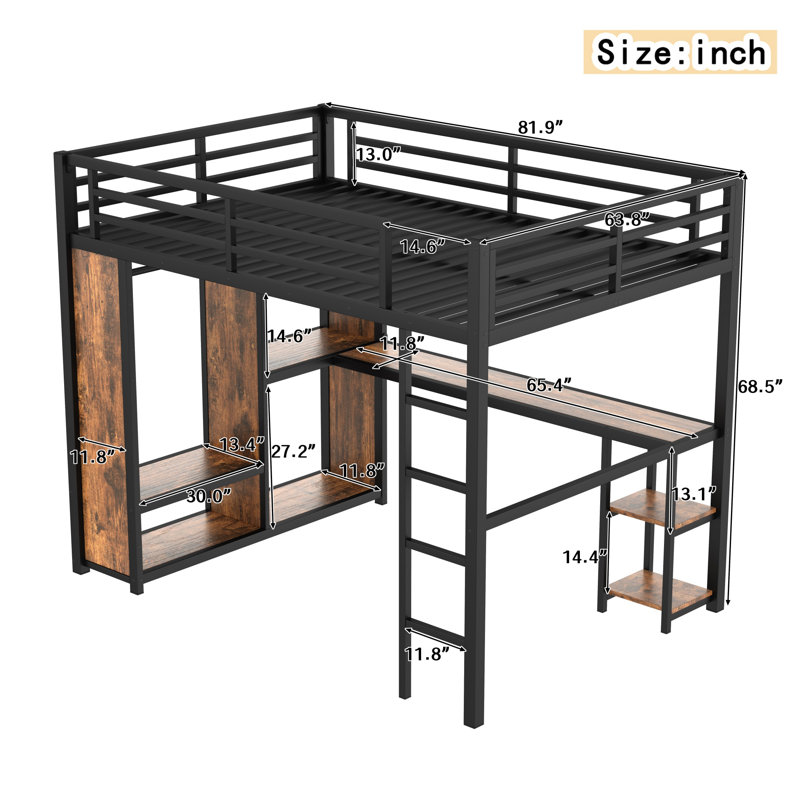 Queen Metal Loft Bed with Built-In Wardrobe, Desk and Storage Shelves, Woodgrain, Queen