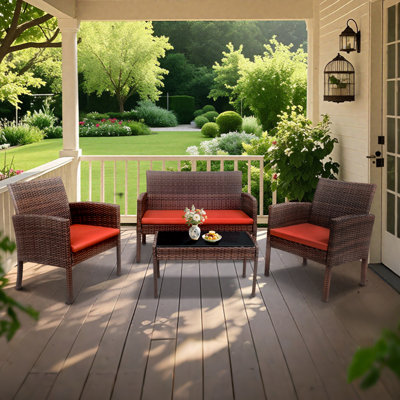  Ensemble de mobilier d'extérieur 4 pièces, chaise en rotin à dossier haut avec coussins et table en verre trempé