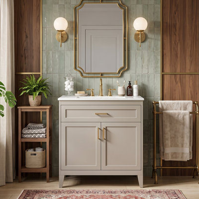30" Modern Minimalist Bathroom Vanity with Ceramic Sink, Solid Wood Cabinet with Door Racks & 1 Tip-Out Drawer & Adjustable Shelf (Beige)