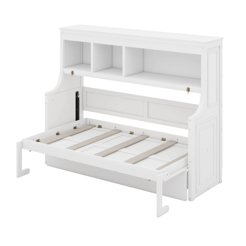 Lit escamotable simple avec bureau et tablettes de rangement, Blanc