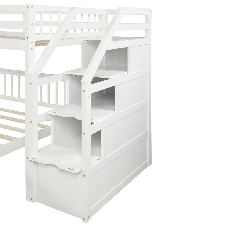 White Twin Over Full Loft Bed With Staircase And Fascinating Storage Organization Staircase, - Accommodate Multiple Sleepovers Ease