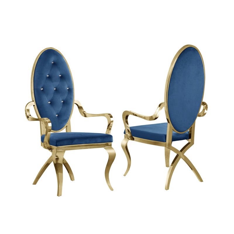 Tufted Velvet Upholstered Armchair, Gold, Navy Blue Velvet