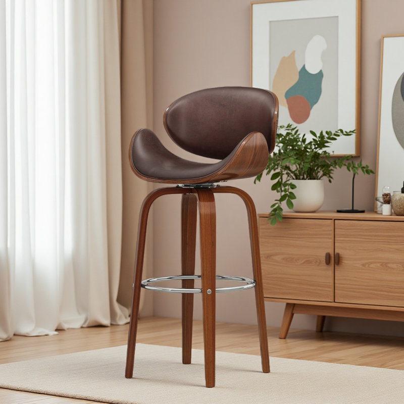 Tabouret de bar pivotant Mid-Century, Siège brun / cadre brun