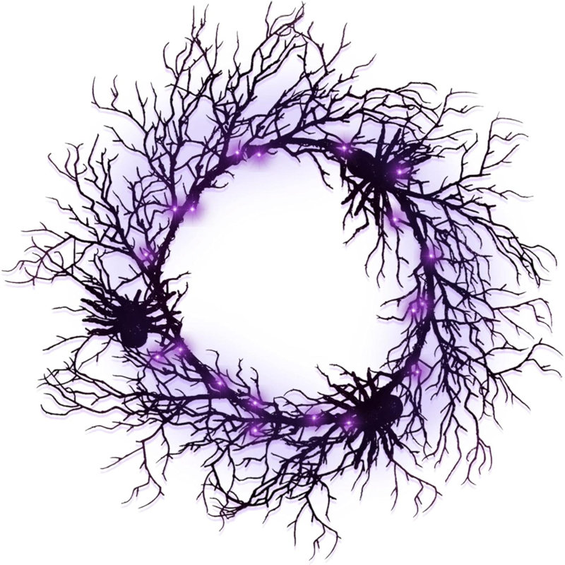 Halloween 24 Inch Black Spider Artificial Wreath With Purple Lights, Spooky Front Door Decorations For Indoor Outdoor Holiday Party