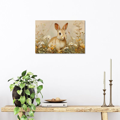  «Bunny Spring», décoration murale - toile de lapin de Pâques sur toile avec fond floral, peinture mignonne de lapin pour la maison