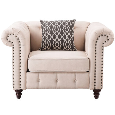 Chaise beige avec coussin décoratif douillet - Tissu en lin, revêtement élégant en structure d'eucalyptus robuste, bois pour le confort