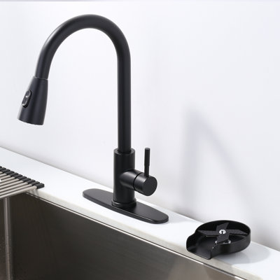 Robinet de cuisine rétractable à poignée simple en acier inoxydable avec plaque de pont et laveur de verre