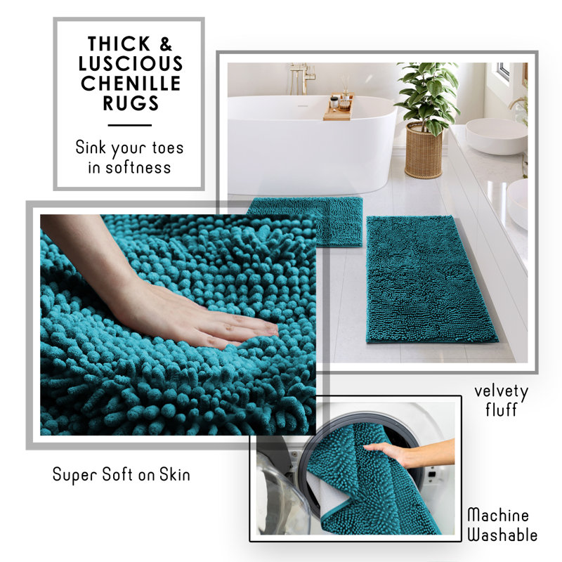 Complete 8 Piece Bathroom Accessory Set with Bamboo Accents, Trash Can, Toilet Brush & 2 Bath Rugs Included, Teal
