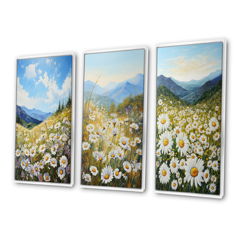 Mountain Daisies On Hill - Fleurs, ensemble de 4 impressions sur toile, Cadre flottant blanc, H 32 po x l 48 po