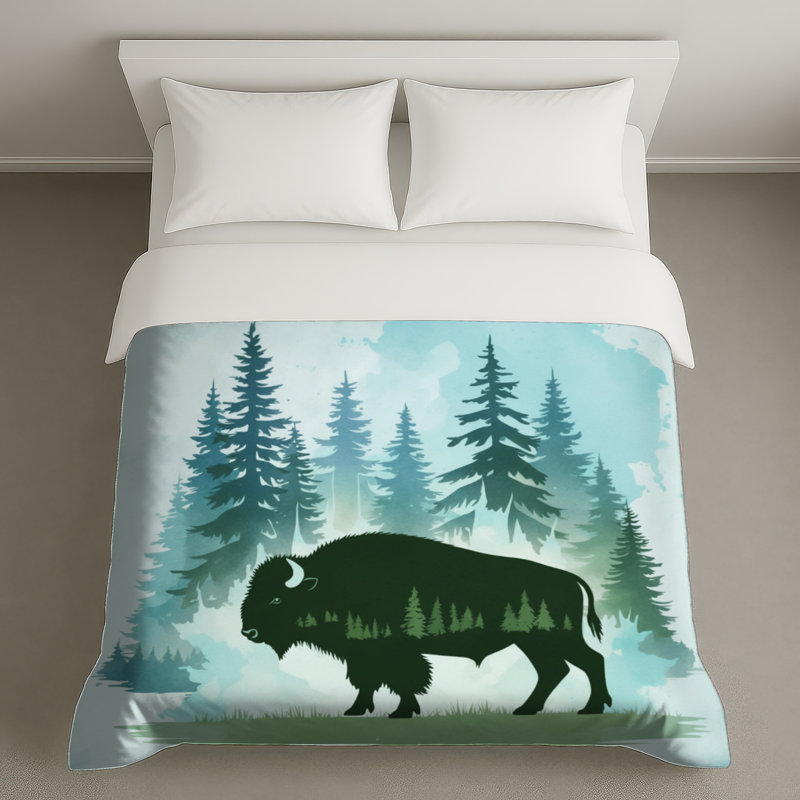 Bison en forêt, housse de couette, Lit simple, Dark Green Beige