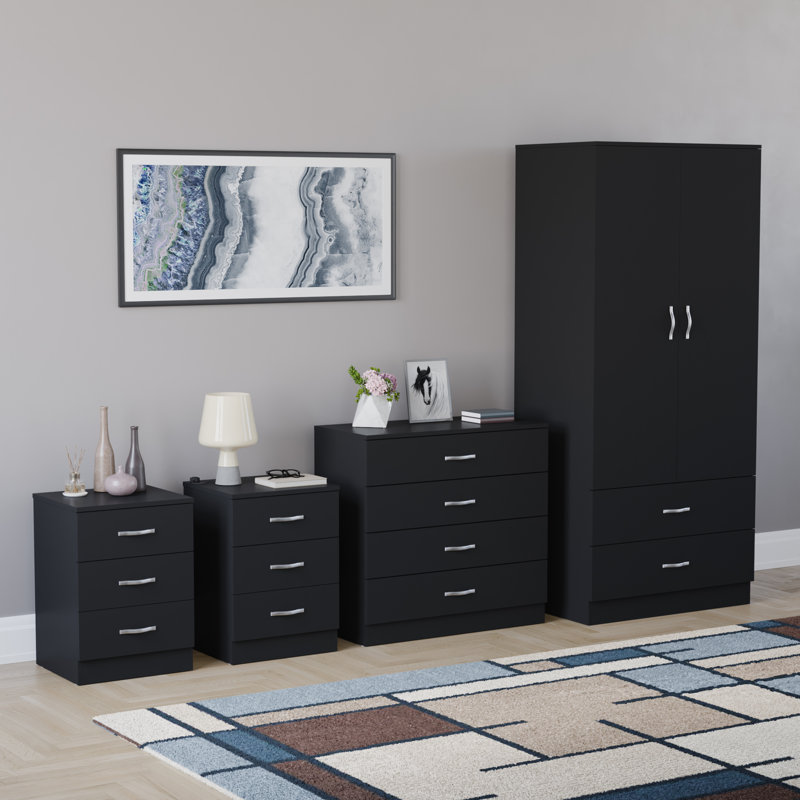 Tayce 4 Piece Bedroom Set (3 Drawer Bedside Chest X2, 5 Drawer Chest, 2 Door 2 Drawer Wardrobe), Black