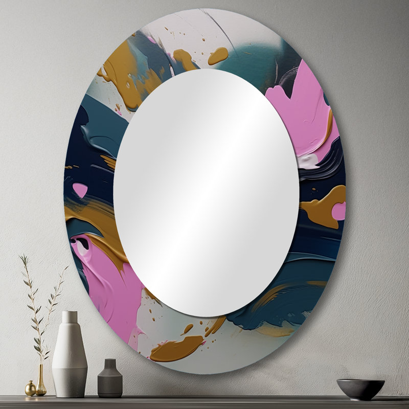 «Brushstroke», peinture abstraite II - décor de miroir mural ovale rose, 43 po x 33 po