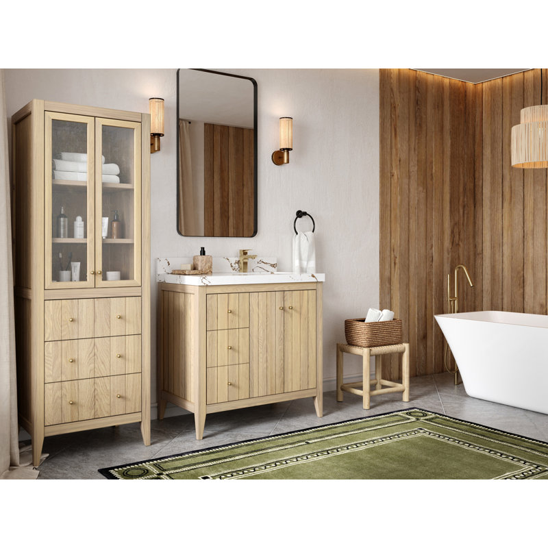 Atlanta Oak Wood 36 In. W X 22 In. D Right Offset Sink Bathroom Vanity With 2 In. Quartz, 2 IN Berkshire Brass