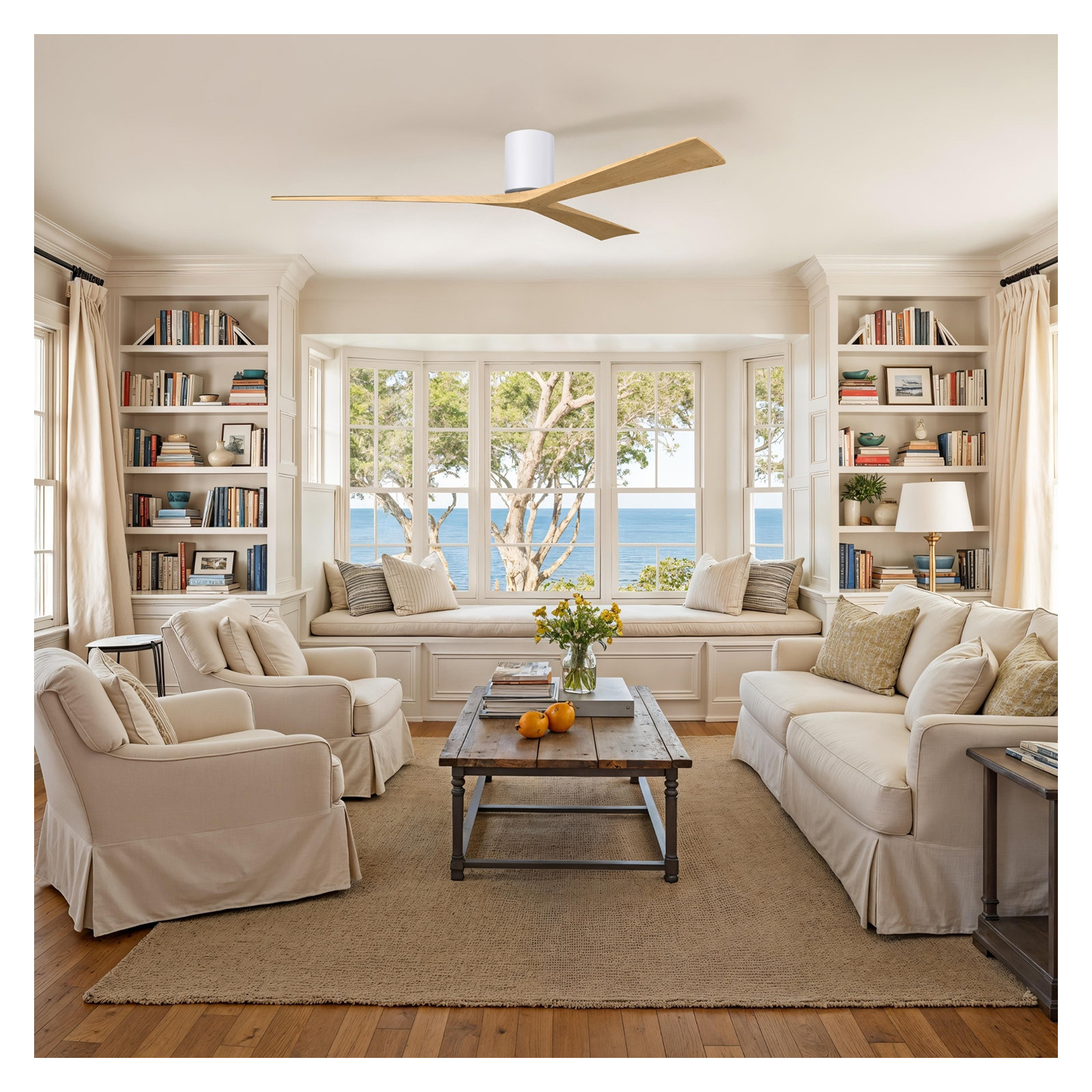 Olivier 3 Blade Ceiling Fan, Gloss White, Light Maple Tone, 72"