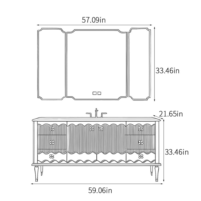 Armoire de salle de bain rétro sur pied, Gris, H 33,46 po x l 59,06 po x P 21,65 po