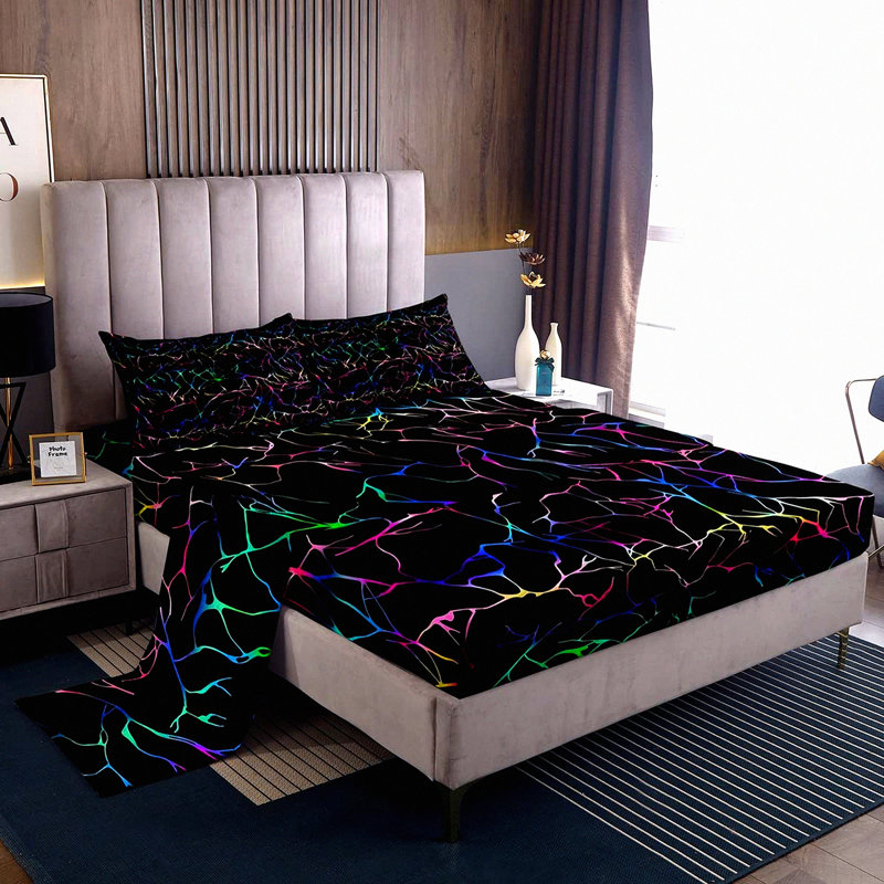 Iridescent Marble Glow Bedding Set - Multicolor Metallic Sheets, Gradient Glitter Fitted Sheet, Colorful Marble Home Decor - Queen Size