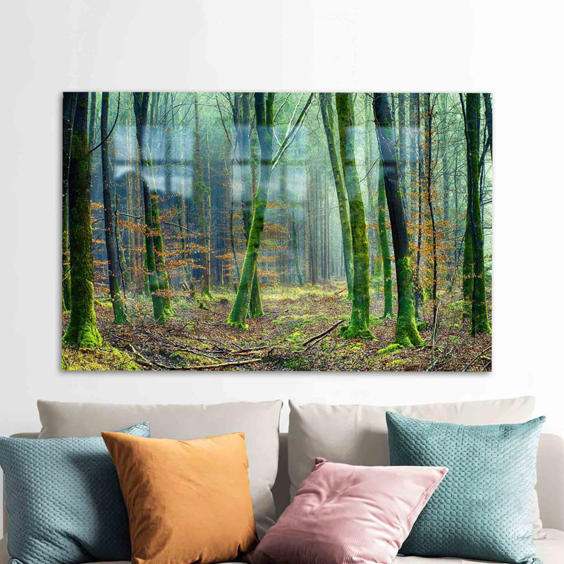 Art mural vert en verre trempé avec des images de forêt et d'arbres pour la décoration intérieure, H 9,1 po x l 14,2 po