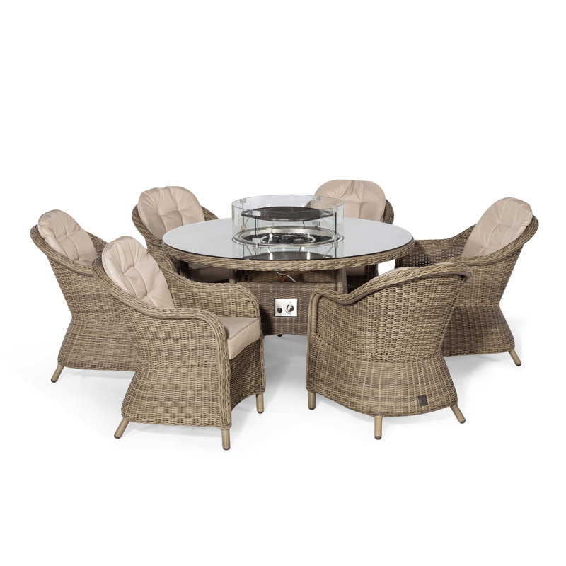 Balch 6 Seat Round Rattan Fire Pit Dining Set - with Lazy Susan